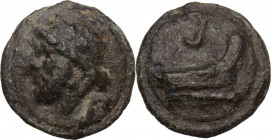 Janus/prow to right libral series. AE Cast Semis, c. 225-217 BC. Obv. Laureate head of Saturn left; below, mark of value S. Rev. Prow right; above, ma...