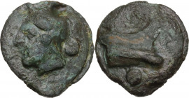 Janus/prow to right libral series. AE Cast Uncia, c. 225-217 BC. Obv. Head of Roma left, wearing Attic helmet; to right, pellet. Rev. Prow right; belo...