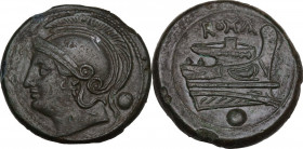 Semilibral series. AE Uncia, 217-215 BC. Obv. Helmeted head of Roma left; behind, pellet. Rev. ROMA. Prow right; below, pellet. Cr. 38/6. AE. 13.05 g....