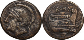 Semilibral series. AE Uncia, c. 217-215 BC. Obv. Helmeted head of Roma left; behind, pellet. Rev. ROMA. Prow right; below, pellet. Cr. 38/6. AE. 10.95...