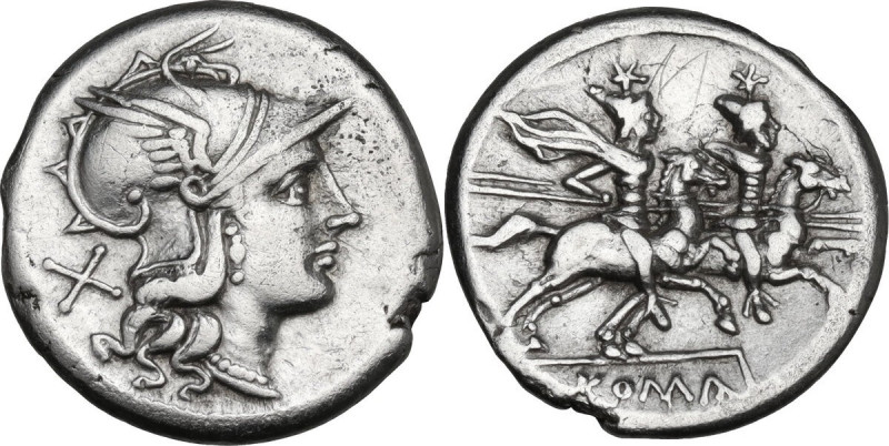 Anonymous. AR Denarius, after 211 BC. Obv. Helmeted head of Roma right; behind, ...