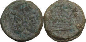 Sextantal series. AE As, after 211 BC. Obv. Laureate head of Janus; above, I. Rev. Prow right; above, I; below, ROMA. Cr. 56/2. AE. 42.71 g. 35.00 mm....
