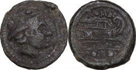 Sextantal series. AE Sextans, after 211 BC. Obv. Head of Mercury right; above, two pellets. Rev. ROMA. Prow right; below, two pellets. Cr. 56/6 and pl...