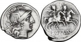 Trident series. AR Denarius, c. 206-195 BC. Obv. Head of Roma right; behind, X. Rev. The Dioscuri galloping right; below, trident and ROMA in partial ...