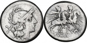 P·MAE series. AR Denarius, uncertain Spanish mint, 204 BC. Obv. Helmeted head of Roma right; behind, X. Rev. The Dioscuri galloping right; below, P·MA...