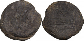 "Gryphon and hare's head" series. AE As, c. 169-158 BC. Obv. Laureate head of Janus; above, mark of value I. Rev. Prow right; above, gryphon/hare's he...
