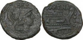 L. Licinius Murena. AE Quadrans, c. 169-158 BC. Obv. Head of Hercules right, three pellets behind. Rev. Prow right; above, MVRENA and before, three pe...