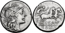 L. Saufeius. AR Denarius, 152 BC. Obv. Helmeted head of Roma right, X behind. Rev. Victory in biga right, L. SAVF below horses, ROMA in exergue. Cr. 2...