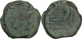 L. Saufeius. AE As, 152 BC. Obv. Laureate head of Janus; above, I. Rev. Prow right; above, [crescent]/ [L.S]AVF ligate; before, I; below, ROMA. Cr. 20...