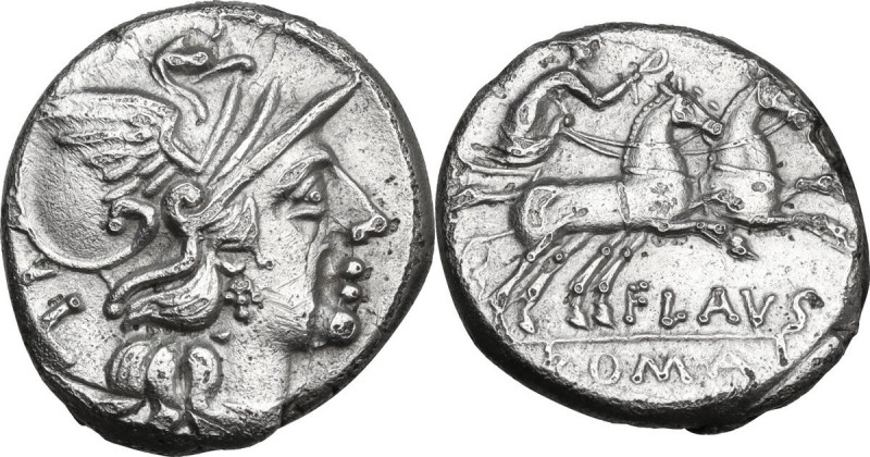 Decimius Flavus. AR Denarius, 150 BC. Obv. Helmeted head of Roma right; behind, ...