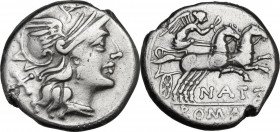 Pinarius Natta. AR Denarius, 149 BC. Obv. Helmeted head of Roma right; behind, X. Rev. Victory in biga right; below horses, NATTA; in exergue, ROMA. C...