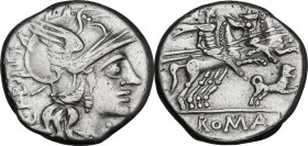 C. Antestius. AR Denarius, 146 BC. Obv. Helmeted head of Roma right; behind, C. ANTESTI; before, [X]. Rev. The Dioscuri galloping right; below, dog ru...