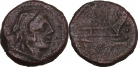 C. Aburius Geminus. AE Quadrans, 134 BC. Obv. Head of Hercules right; behind, three pellets; below, club. Rev. C. ABVRI/GEM. Prow right; before, three...