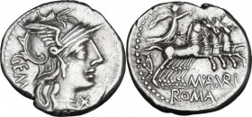 M. Aburius M.f. Geminus. AR Denarius, 132 BC. Obv. Helmeted head of Roma right; behind, GEM; before, X. Rev. Sol in quadriga right, holding reins and ...