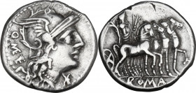 Q. Caecilius Metellus. AR Denarius, 130 BC. Obv. Helmeted head of Roma right; behind, Q. METE; before, XVI monogram. Rev. Jupiter in quadriga right, h...