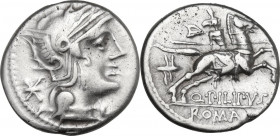 Q. Philippus. AR Denarius, 129 BC. Obv. Helmeted head of Roma right; behind, XVI monogram. Rev. Horseman galloping right, wearing crested helmet, hold...
