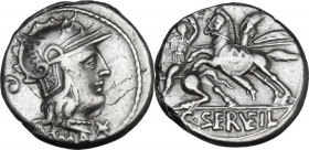 C. Servilius Vatia. AR Denarius, 127 BC. Obv. Helmeted head of Roma right; below chin, X; behind, lituus and below, ROMA. Rev. Battle on horseback bet...