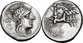M. Porcius Laeca. AR Denarius, 125 BC. Obv. Helmeted head of Roma right; behind, LAECA; before, X. Rev. Libertas, crowned by flying Victory, in quadri...