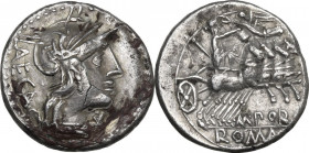 M. Porcius Laeca. Fourrèe Denarius, 125 BC. Obv. Helmeted head of Roma right; behind, LAECA; before, XVI monogram. Rev. Libertas, crowned by flying Vi...
