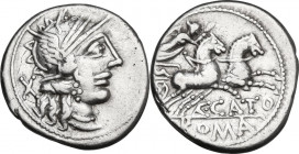 C. Cato. AR Denarius, 123 BC. Obv. Helmeted head of Roma right; behind, X. Rev. Victory in biga right, holding reins and whip; below, C.CATO; in exerg...