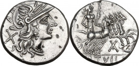 M. Tullius. Fourrèe Denarius, 120 BC. Obv. Helmeted head of Roma right, ROMA behind. Rev. Victory in quadriga right; below horses, X; in exergue, M. T...