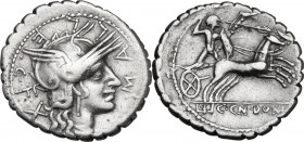 C. Malleolus C.f. AR Denarius serratus, 118 BC. Obv. C. MALLE C. F. Helmeted head of Roma right; behind, X. Rev. Bituitus in biga right, holding shiel...