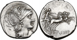 C. Claudius Pulcher. AR Denarius, 110 or 109 BC. Obv. Helmeted head of Roma right. Rev. Victory in biga right, holding reins; in exergue, C. PVLCHER. ...
