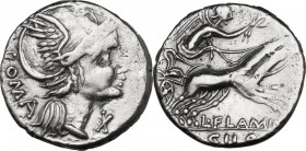 L. Flaminius Chilo. AR Denarius, 109 or 108 BC. Obv. Helmeted head of Roma right; behind, ROMA; before, X. Rev. Victory in biga right, holding reins a...