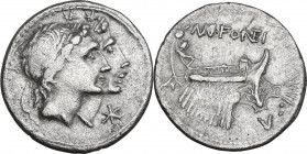 Mn. Fonteius. AR Denarius, 108-107 BC. Obv. Jugate and laureate heads of Dioscuri right; below their chins, XVI monogram. Rev. Ship right; above, MN F...