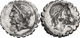 L. Scipio Asiagenus. AR Brockage Denarius serratus, 106 BC. Obv. Laureate head of Jupiter left; below chin, C and dot. Rev. Incuse of obverse. Cf. Cr....