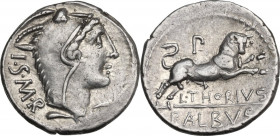 L. Thorius Balbus. AR Denarius, 105 BC. Obv. Head of Juno of Lanuvium right, wearing goat's skin, I.S.M.R. behind. Rev. Bull charging right, P above, ...