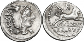 L. Thorius Balbus. AR Denarius, 105 BC. Obv. Head of Juno of Lanuvium right, wearing goat's skin, I.S.M.R. behind. Rev. Bull charging right, R above, ...