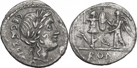 C. Egnatuleius C.f. AR Quinarius, 97 BC. Obv. Laureate head of Apollo right; below, Q; behind, C. EGNATVLEI. C. F. Rev. Victory left inscribing shield...