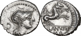 D. Silanus L.f. AR Denarius, 91 BC. Obv. Helmeted head of Roma right; behind, D. Rev. Victory in biga right; above, [numeral]; in exergue, D. SILANVS ...