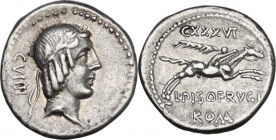L. Calpurnius Piso Frugi. AR Denarius, 90 BC. Obv. Laureate head of Apollo right; behind, CVIIII. Rev. Horseman galloping right, holding palm, above, ...