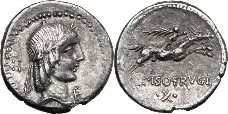L. Calpurnius Piso Frugi. AR Denarius, 90 BC. Obv. Laureate head of Apollo right...