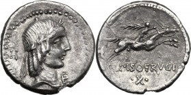 L. Calpurnius Piso Frugi. AR Denarius, 90 BC. Obv. Laureate head of Apollo right; behind, H; below chin, E. Rev. Horseman galloping right, holding pal...