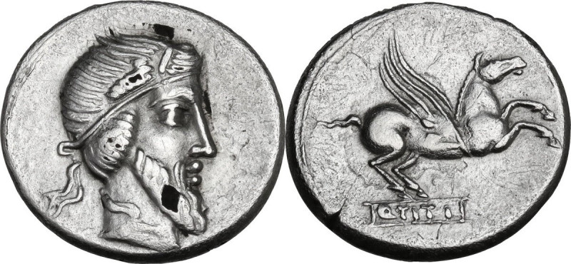 Q. Titius. Fourrèe Denarius, 90 BC. Obv. Head of Mutinus Titinus-Priapus right, ...