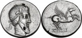 Q. Titius. Fourrèe Denarius, 90 BC. Obv. Head of Mutinus Titinus-Priapus right, wearing winged diadem. Rev. Pegasus prancing right; below, Q.TITI in l...