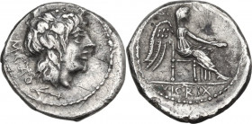 M. Porcius Cato. AR Quinarius, 89 BC. Obv. M. CATO. Ivy-wreathed head of Liber right; below, anchor. Rev. Victory seated right, holding patera and pal...