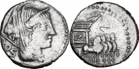 L. Rubrius Dossenus. AR Denarius, 87 BC. Obv. Veiled and diademed head of Juno right, with sceptre on left shoulder; behind, DOS. Rev. Triumphal chari...