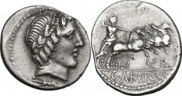 Gargilius, Ogulnius and Vergilius. AR Denarius, 86 BC. Obv. Head of Apollo right, wearing oak-wreath; below, thunderbolt. Rev. Jupiter in prancing qua...