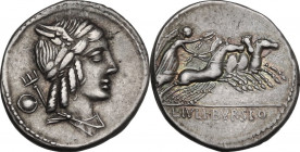 L. Julius Bursio. AR Denarius, 85 BC. Obv. Male head right, with the attributes of Apollo, Mercury and Neptune; behind, round shield (?). Rev. Victory...
