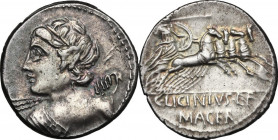 C. Licinius L.f. Macer. AR Denarius, 84 BC. Obv. Diademed and draped bust of Vejovis left turned from spectator, hurling thunderbolt. Rev. Minerva in ...