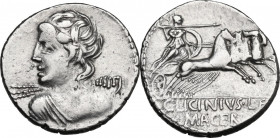C. Licinius L.f. Macer. AR Denarius, 84 BC. Obv. Diademed and draped bust of Vejovis left turned from spectator, hurling thunderbolt. Rev. Minerva in ...