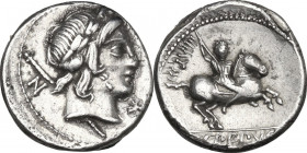 Pub. Crepusius. AR Denarius, 82 BC. Obv. Laureate head of Apollo right, sceptre over shoulder; behind, N; below chin, star. Rev. Horseman galloping ri...