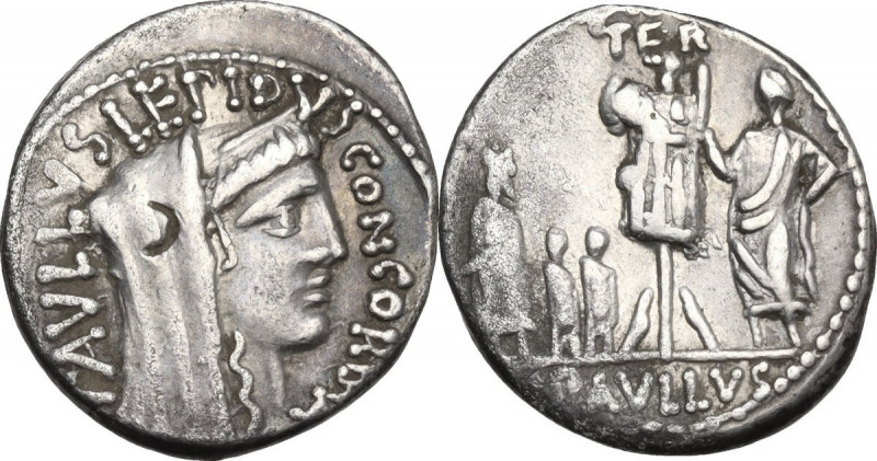 L. Aemilius Lepidus Paullus. AR Denarius, 62 BC. Obv. Veiled and diademed head o...