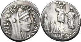 L. Aemilius Lepidus Paullus. AR Denarius, 62 BC. Obv. Veiled and diademed head of Concordia right; PAVLLVS LEPIDVS CONCORDIA around. Rev. TER above tr...