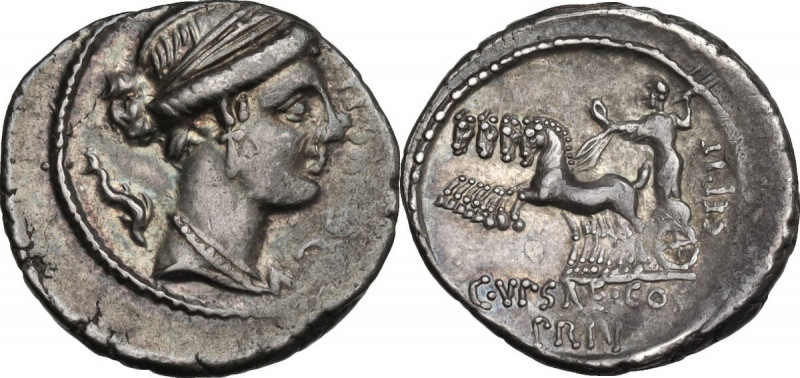 P. Plautius Hypsaeus. AR Denarius, 60 BC. Obv. Draped bust of Leuconoe right; be...