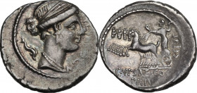 P. Plautius Hypsaeus. AR Denarius, 60 BC. Obv. Draped bust of Leuconoe right; before, P. YPSAE. S.C.; behind, dolphin. Rev. Jupiter in quadriga left; ...